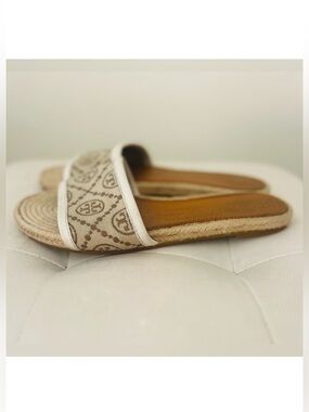 Tory Burch Tan Fabric & Leather Logo Slide Espadrille Sandals Size 7